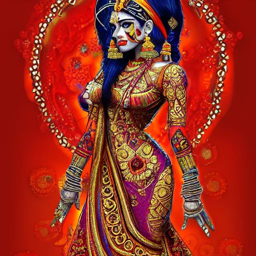 Image similar to indian hindu woman in an intricate beautiful dress, ornate, psychedelic, trending on artstation