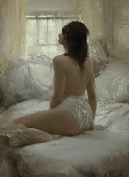 Image similar to portrait painting of a woman posing in an artistic over a bed, white lace sheets by jeremy mann, only one head single portrait