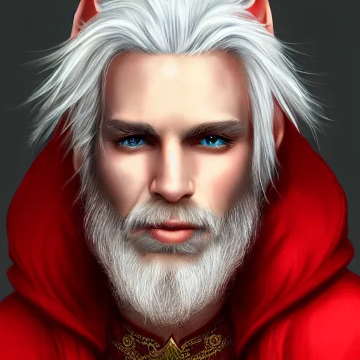 Prompt: a highly detailed portrait of a middle aged male elf with white hair and a very short beard, in red clothes, artstation, deviantart, professional, photorealistic