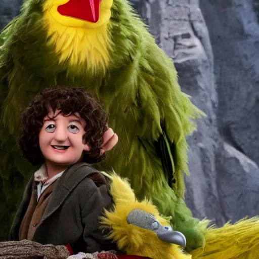 Prompt: big bird from sesame street is tiny and on the back of frodo the hobbit from lord of the rings, hyperrealistic, clean and pristine design, cinematic composition, dramatic lighting, 8 k,