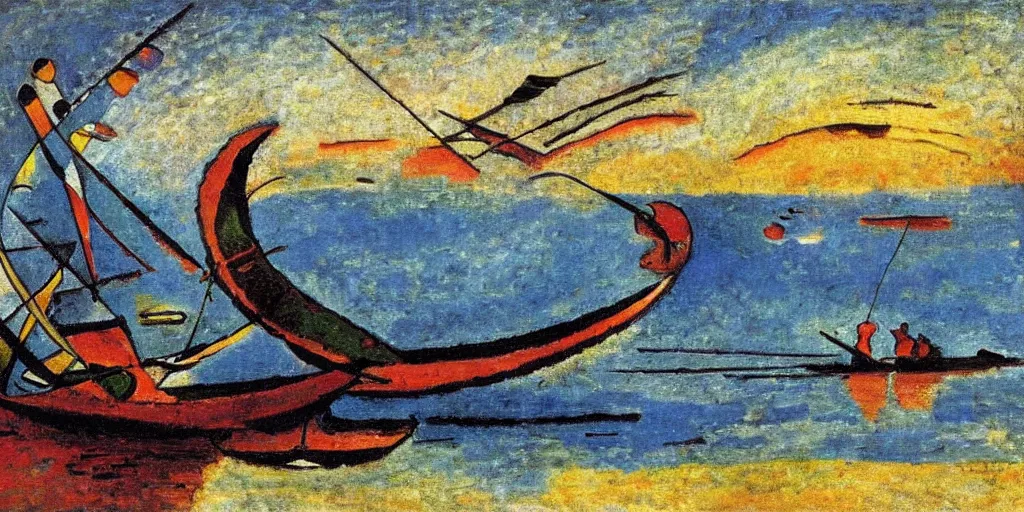 Prompt: rising sun ( ( ( fishing cormorant, fishing boat ) ) ) on the naples bay, by kandinsky