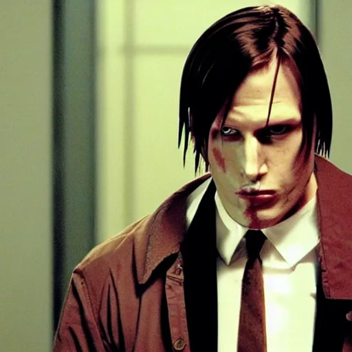 Image similar to Leon Kennedy from Resident Evil as The American Psycho, sweating intensely, cinematic still