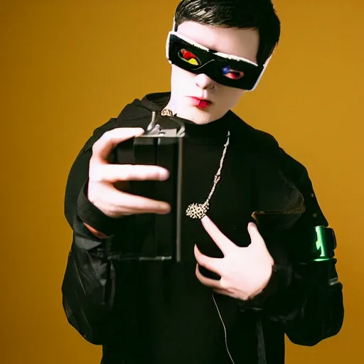 Image similar to kodak ektar 1 0 0 photograph of a nerdy goth guy wearing goggles and eclectic jewelry, moody lighting, telephoto, 9 0 s vibe, blurred background, vaporwave colors, faded!,