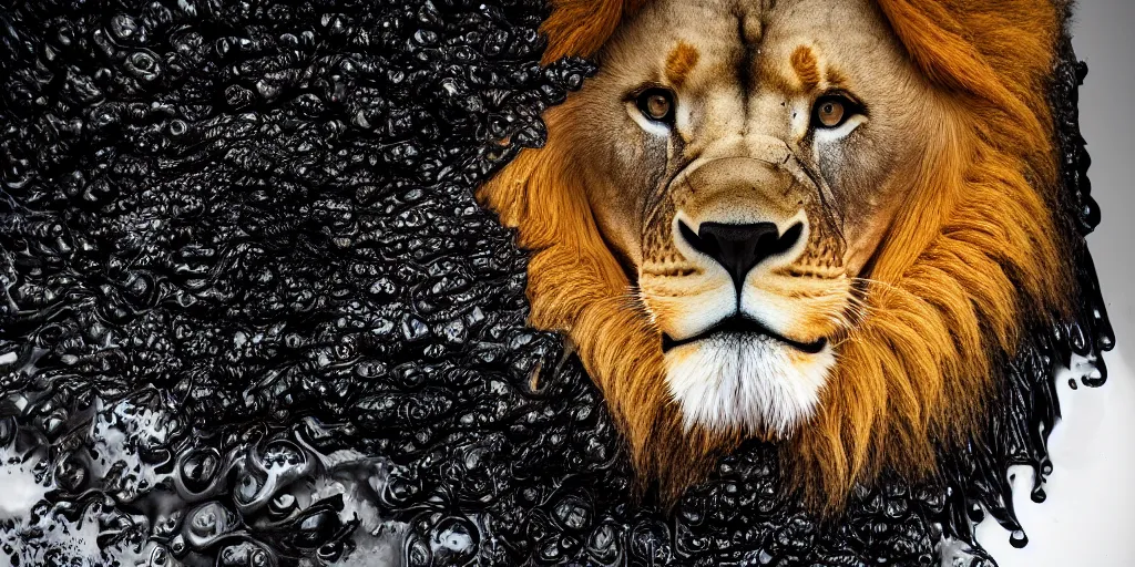 Image similar to a lion made of ferrofluid bathing inside the bathtub full of ferrofluid on a photography studio, dripping and drooling ferrofluid. dslr, wrinkles, ferrofluid, photography