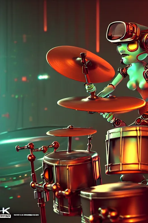 Image similar to high quality 3 d render very cute cyborg beagle plays drums!, cyberpunk highly detailed, unreal engine cinematic smooth, in the style of blade runner & pixar, hannah yata charlie immer, moody light, low angle, uhd 8 k, sharp focus