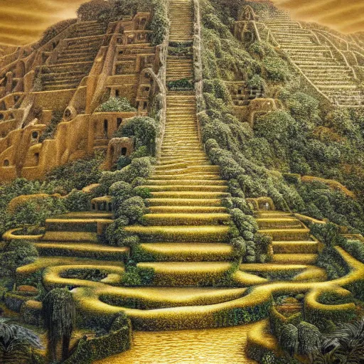 Prompt: intricate stunning highly detailed illustration of the inca lost city of gold, 🌱, by agostino arrivabene and vladimir kush, blood rivers running through stairs, surreal, digital painting, ultra realistic, dramatic lighting, twisted vines, lush plants, gold, inca, pristine water, artstation