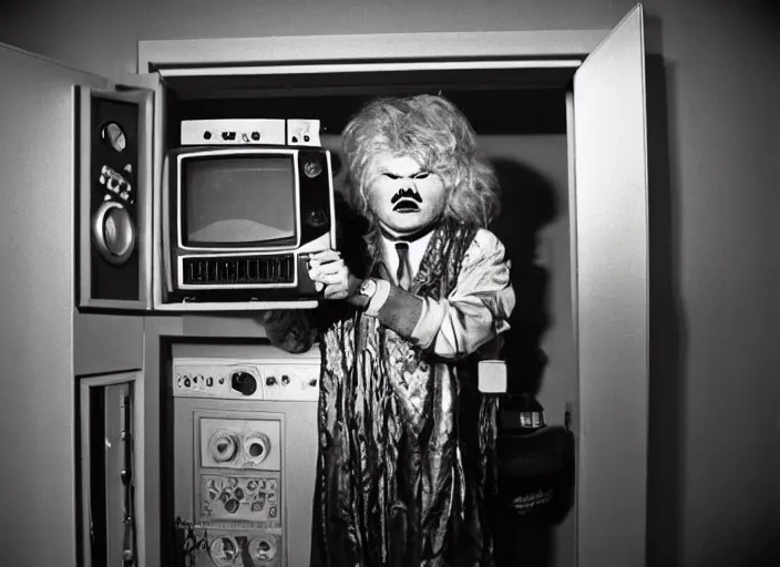 Image similar to a scene from a 1 9 7 8 s halloween, rip taylor is hiding in a closet from the shape, vhs distortion, cathode ray tube distortion, folk horror, hauntology, 8 k, 8 5 mm f 1. 8, studio lighting, rim light, right side key light