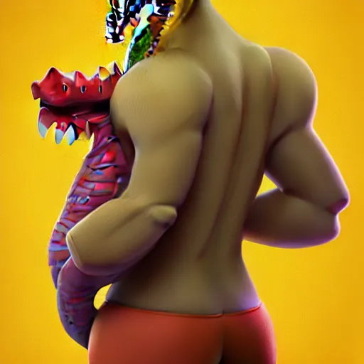 Image similar to in the style of artgerm and disney, 3 d render, anthropomorphic alligator, red scales on his back, yellow scale on his belly and chest, male, waring a hawaiian shirt, in the style of zootopia, hd, 4 k, high definition background