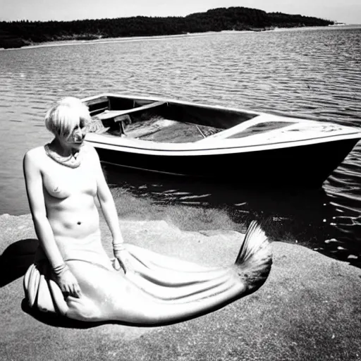 Prompt: “very old photo of mermaid next to boat, black and white”