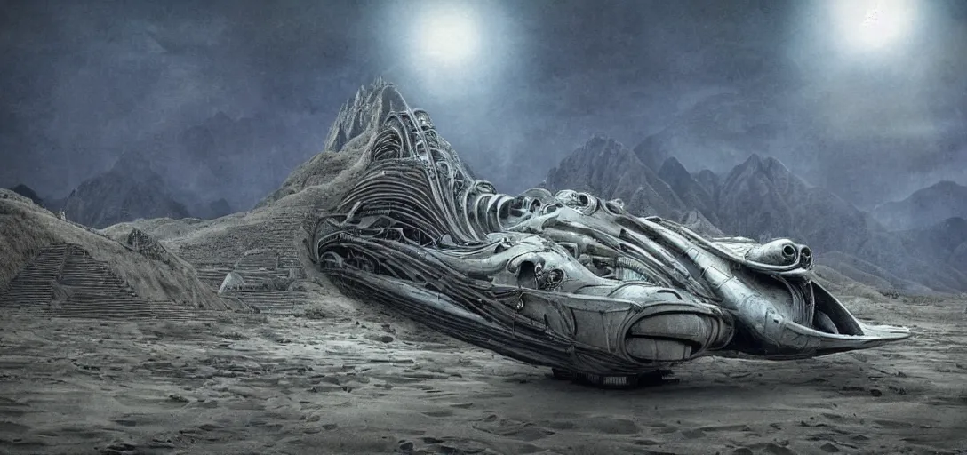 Image similar to Dune spaceship by H.R. Giger taking off from Machu Picchu hidden city, photographic reality, hyperreal , complete scene, ornate, details, smooth, sharp focus, illustration, realistic, cinematic, artstation, award winning, rgb, ethereal blue lighting, cyberpunk look, biomechanical mask. bio luminescent biomechanical, halo, jellyfish. , unreal engine, octane render, cinematic light, iridescent details, iridescent colors, dichroic, macro, depth of field, blur, 8K,