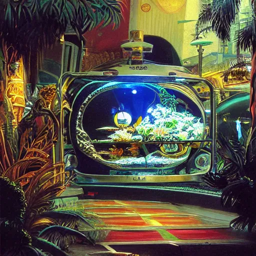 Prompt: painting of syd mead artlilery scifi fish tank with ornate metal work lands on a sidewalk, filigree ornaments, volumetric lights, tomas sanchez