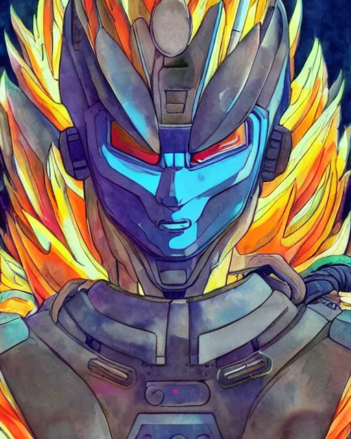 Image similar to a watercolor painting full body character portrait of a cybernetic half robot super saiyan in the style of moebius in the style of leonard boyarsky trending on artstation deviantart pinterest hyper detailed photorealistic highlights and shadow hd 8 k post - processing high resolution