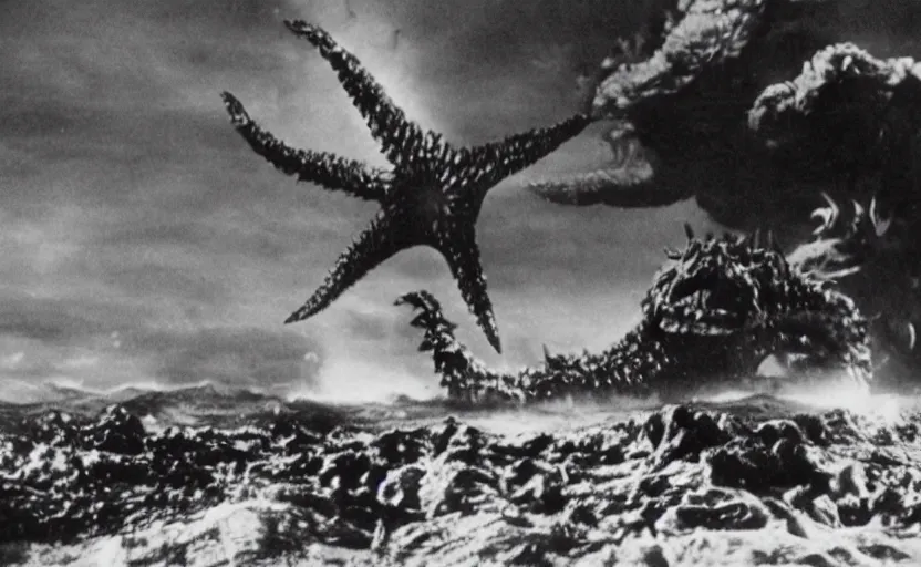 Prompt: a filmstill of Kim Jong-il and a giant starfish monster destroying Pyongyang, in Godzilla (1954) by Ishirō Honda, epic ultrawide shot, cinémascope