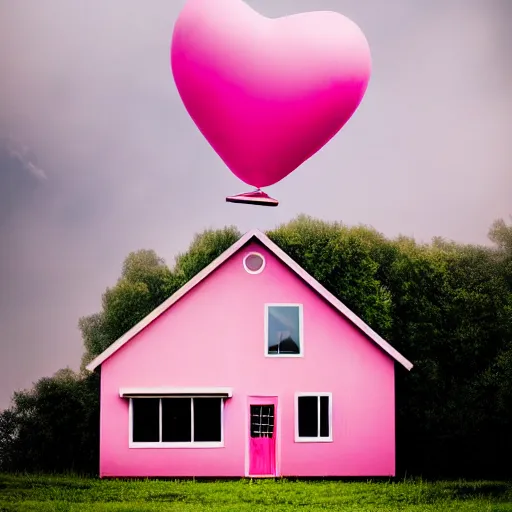 Image similar to a 5 0 mm lens photograph of a cute pink floating modern house, floating in the air between clouds, inspired by the movie up, held up from above by a heart - shaped ballon. mist, playful composition canon, nikon, award winning, photo of the year