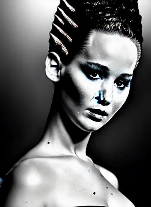 Image similar to award winning fashion photography portrait of jennifer lawrence as the bride of frankenstein, very pretty eyes, face in focus, soft lighting, volumetric shadows, 8 k photography, still from john waters movie