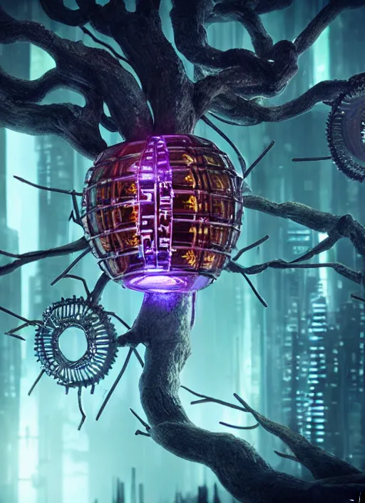 Image similar to intricate mechanical translucent apple with visible gears and components inside, growing off a tree, on the background of a weird magical mechanical forest. Very detailed 8k. Fantasy cyberpunk horror. Sharp. Cinematic post-processing