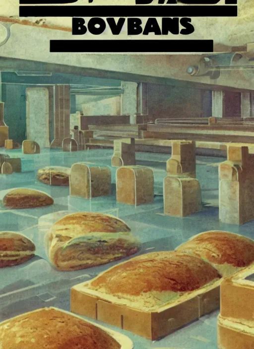 Prompt: Loaves of bread floating, interior of derelict space station, 60s sci-fi book cover