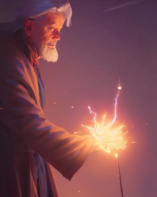 Image similar to highly detailed vfx portrait of an old mage casting a light spell, unreal engine, greg rutkowski, loish, rhads, beeple, makoto shinkai and lois van baarle, ilya kuvshinov, rossdraws, tom bagshaw, alphonse mucha, global illumination, detailed and intricate environment