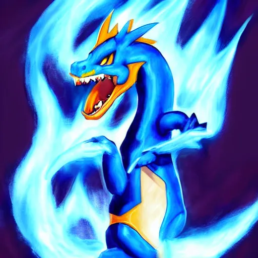 Image similar to a blue charizard ~ painting ~ water powers ~ digital art ~ amazing ~ trending ~