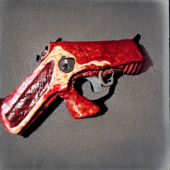 Prompt: pistol made out of meat, high quality polaroid photo