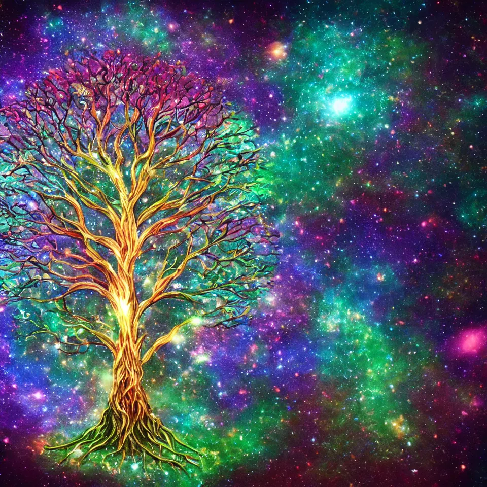 Image similar to cosmic tree of life made of stars, center composition, cinematic, trending on artstation, low level, 4K UHD image,