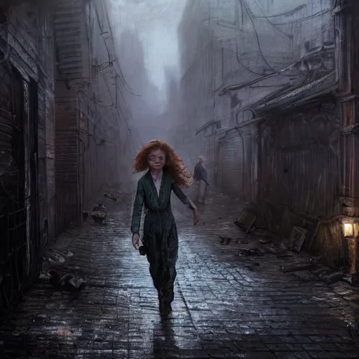 Image similar to close view of sadie sink. runs desperately | a mechanical monstrosity runs toward sadie sink | background : alleyway near decaying tenements. concept art for scifi dystopian film. by nikolay makovsky, bob byerley, wadim kashin, andrea kowch. cinematic moody atmosphere, detailed and intricate, perfect anatomy