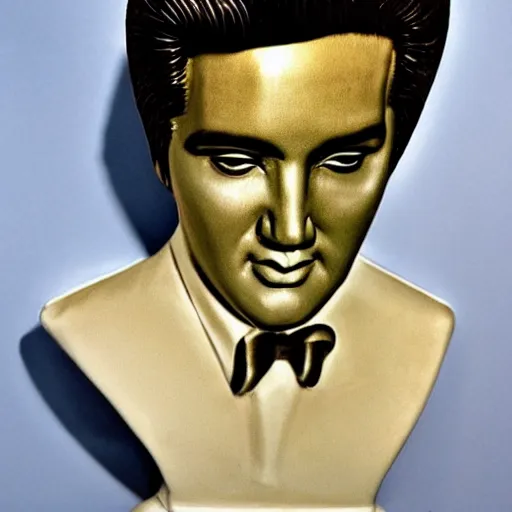 Prompt: toilet that is in the exact shape and size of elvis's head, weird toilet design photo, ceramic elvis head