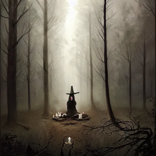 Image similar to witch performing a ritual in a dark forest painted by Greg Rutkowski