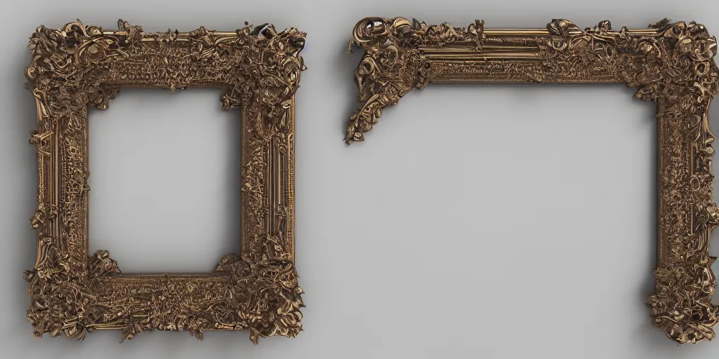 Image similar to 3 d octane render ultra photorealistic hyper detailed top view of a baroque picture frame