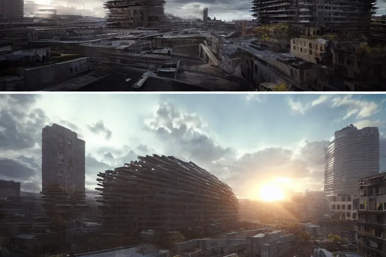 Image similar to streetscape, a towering cathedral of brutalist architecture, buildings covered with greebles, stunning volumetric light, sunset, metal, concrete and translucent material, stunning skies, majestic landscape, trending on Artstation, 8k, photorealistic, hyper detailed, unreal engine 5, IMAX quality, cinematic, epic lighting, in the style of Greg Rutkowski