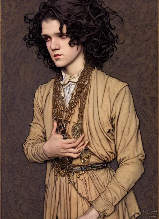 Image similar to edmund dulac, leyendecker, highly detailed portrait, a beautiful androgynous kit harrington, long hair, tall and thin, wearing several pendants, art nouveau, stephen bliss, unreal engine, by greg rutkowski, loish, ferdinand knab, ilya kuvshinov, rossdraws, tom bagshaw, alphonse mucha, global illumination, radiant light