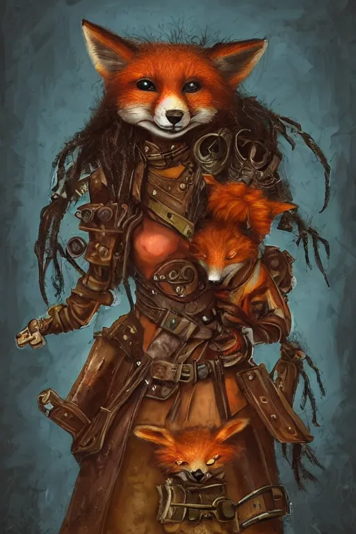 Image similar to cute little anthropomorphic foxy witch wearing a cape and a dreadlocks, tiny, small, miniature fox, baby animal, short, pale woodcut armor, cute and adorable, pretty, beautiful, steampunk character art portrait, matte fantasy painting, DeviantArt Artstation, by Jason Felix by Steve Argyle by Tyler Jacobson by Peter Mohrbacher, cinematic lighting