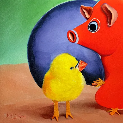 Prompt: A lovely painting of a chick and a pig hugging each-other,