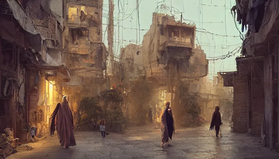 Prompt: old jeddah city alley, roshan, shops, a big magical glowing time portal, a nomad wearing a worn out coat, plants, old tree, kids, dramatic lighting fantasy, sci fi, by caspar david friedrich by beeple and james gilleard and justin gerard, centered, artstation, smooth, sharp focus, photoreal octane render, by jean baptiste monge