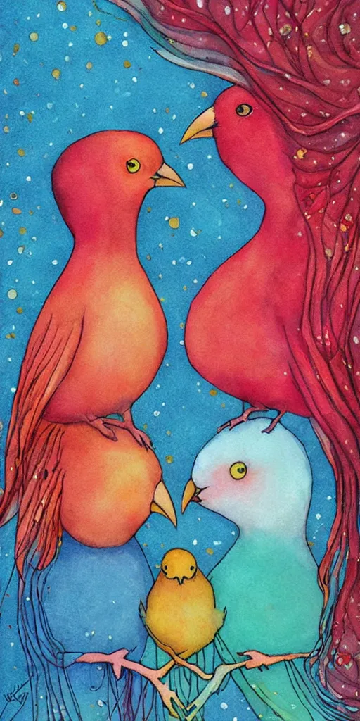 Image similar to greeting card, love, 2 affectionate birds, by kelly mckernan, warm colors, cozy