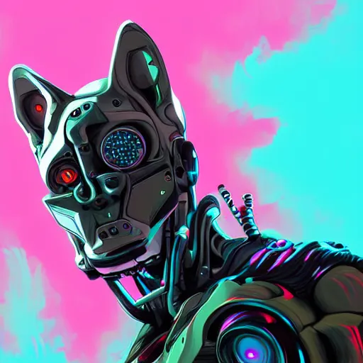 Image similar to portrait, headshot, digital painting, modern art, synthwave, cyborg robot cat with gun on the flybike, realistic, hyperdetailed, concept art