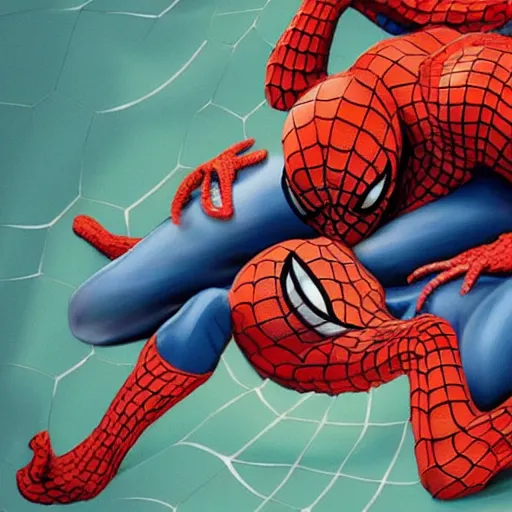 Image similar to octopus attacking and suffocating spiderman, photorealistic