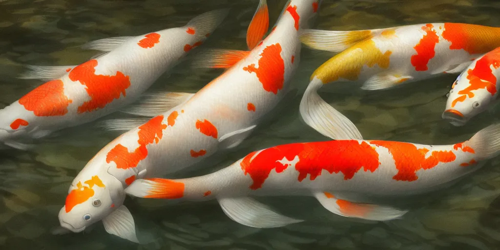 Prompt: koi fish in a pond, dim volumetric lighting, 8 k octane beautifully detailed render, post - processing, extremely hyper - detailed, intricate, epic composition, cinematic lighting, masterpiece, trending on artstation, detailed detailed detailed, stunning art by anders zorn, wonderful masterpiece by greg rutkowski, beautiful cinematic light
