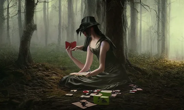 Image similar to witch doing a card trick, cardistry, cards, fantasy, digital art, soft lighting, nature, 8 k, fantasy concept art by greg rutkowski