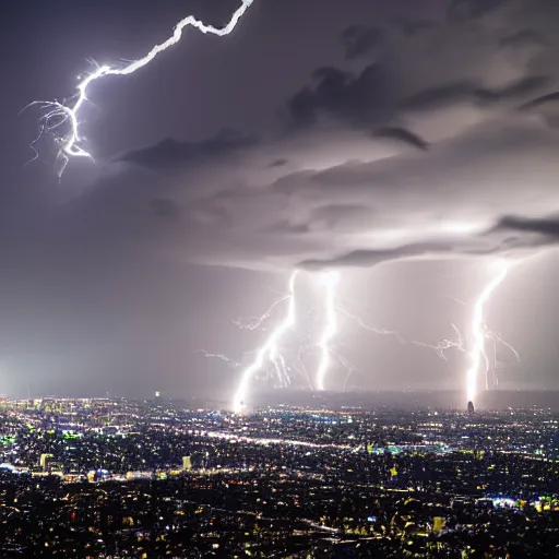 Prompt: An award winning photograph of a lightning barrage during the cold frontal passage over the city of Las Angeles California taken from Mount Hollywood, taken at night, high contrast photography, f5.6, focus to infinity, ISO 100, shutter speed of 10 seconds