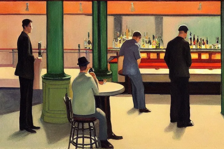 Prompt: mid - thirties guys binge drinking in an empty bar, in the style of edward hopper