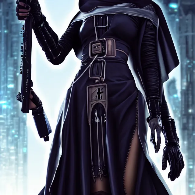 Image similar to cyberpunk nun warrior, full length, highly detailed, 4 k, hdr, smooth, sharp focus, high resolution, award - winning photo, artgerm, photorealistic