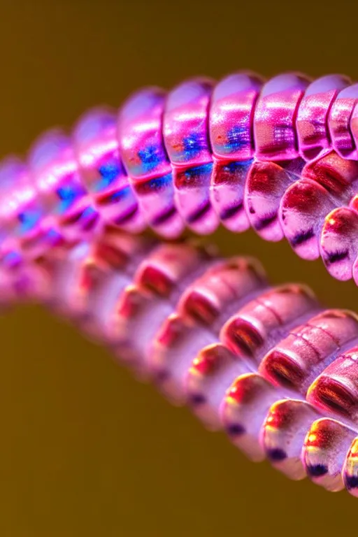 Image similar to high quality macro photo iridescent cyborg caterpillar! cute highly detailed david ligare elson peter cinematic pink lighting high quality low angle hd 8k sharp shallow depth of field