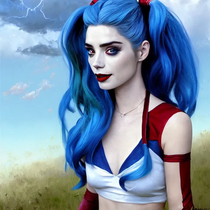 Image similar to portrait of a combination of Ashley Greene, Adriana Dxim, Grace Kelly and Lily Collins with blue hair as Harley Quinn, countryside, calm, fantasy character portrait, dynamic pose, above view, sunny day, thunder clouds in the sky, artwork by Jeremy Lipkin and Giuseppe Dangelico Pino and Michael Garmash and Rob Rey and Greg Manchess and Huang Guangjian, very coherent asymmetrical artwork, sharp edges, perfect face, simple form, 100mm