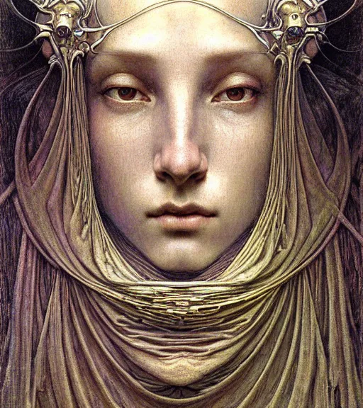 Prompt: detailed realistic beautiful young medieval robot face portrait by jean delville, gustave dore and marco mazzoni, art nouveau, symbolist, visionary, gothic, pre - raphaelite. horizontal symmetry by zdzisław beksinski, iris van herpen, raymond swanland and alphonse mucha. highly detailed, hyper - real, beautiful