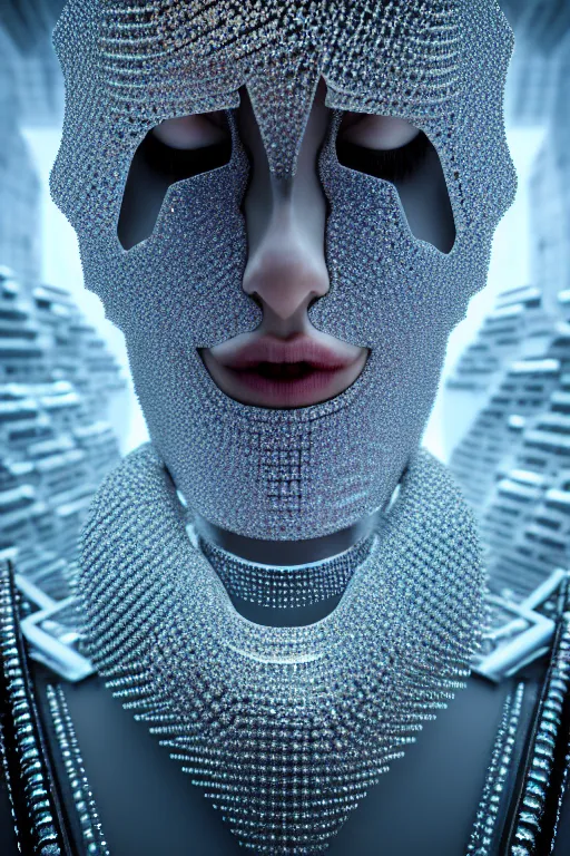 Image similar to hyperrealism, dreamland of chinese, halfturn portrait of a big crystal face made of crystals half - turn, cyberpunk, sss material, ominous, slender and densely arranged teeth, futuristic, art deco, expressive, dystopian, ominous, intricate, oc rendered, concept art, photorealistic, unreal engine render