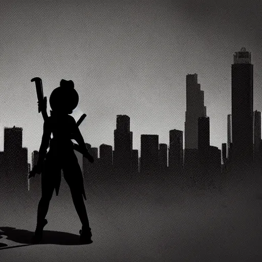 Prompt: A silhouette of a girl with a katana against the backdrop of a burning city, dramatic composition, trending on Artstation, 8K