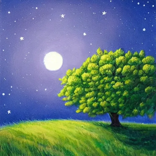 Image similar to This painting has such a feeling of peace and serenity. The tree is so still and calm, despite the wind blowing around it. The moonlight casts a soft glow over everything and the starts seem to be winking at you... in the style of the Little Prince