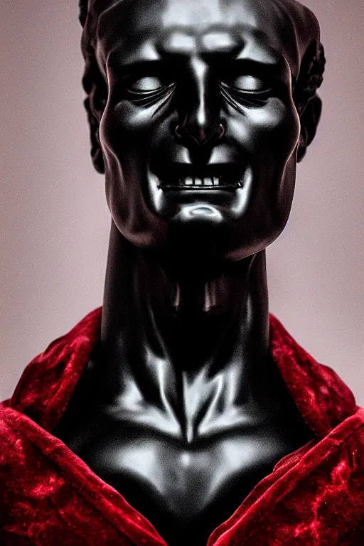 Prompt: polished black marble bust of a man with half skull statue hiding his face under a red velvet veil, sculpted by hedi xandt, epic and cinematic view, volummetric light, texturized, detailed, 8 k