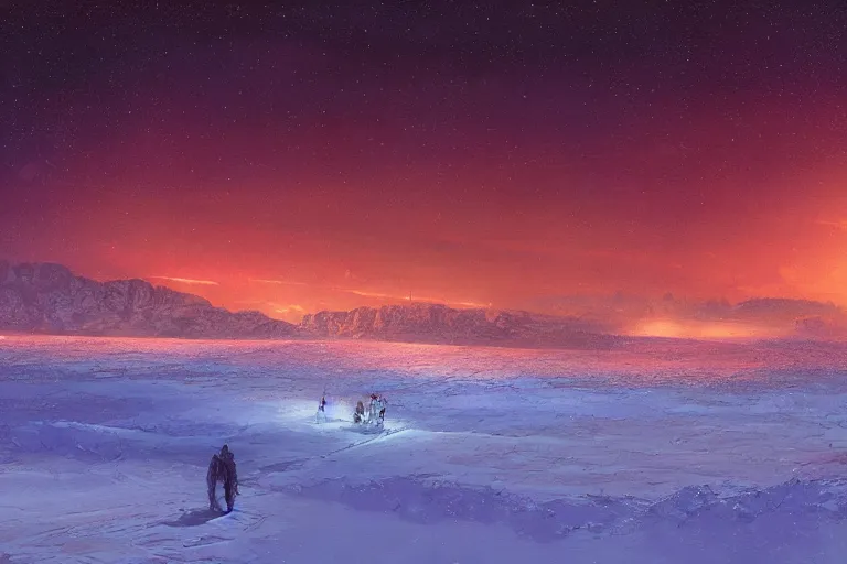 Image similar to A beautiful painting of the vast snow desert at night with the northern lights by marc simonetti, matte painting